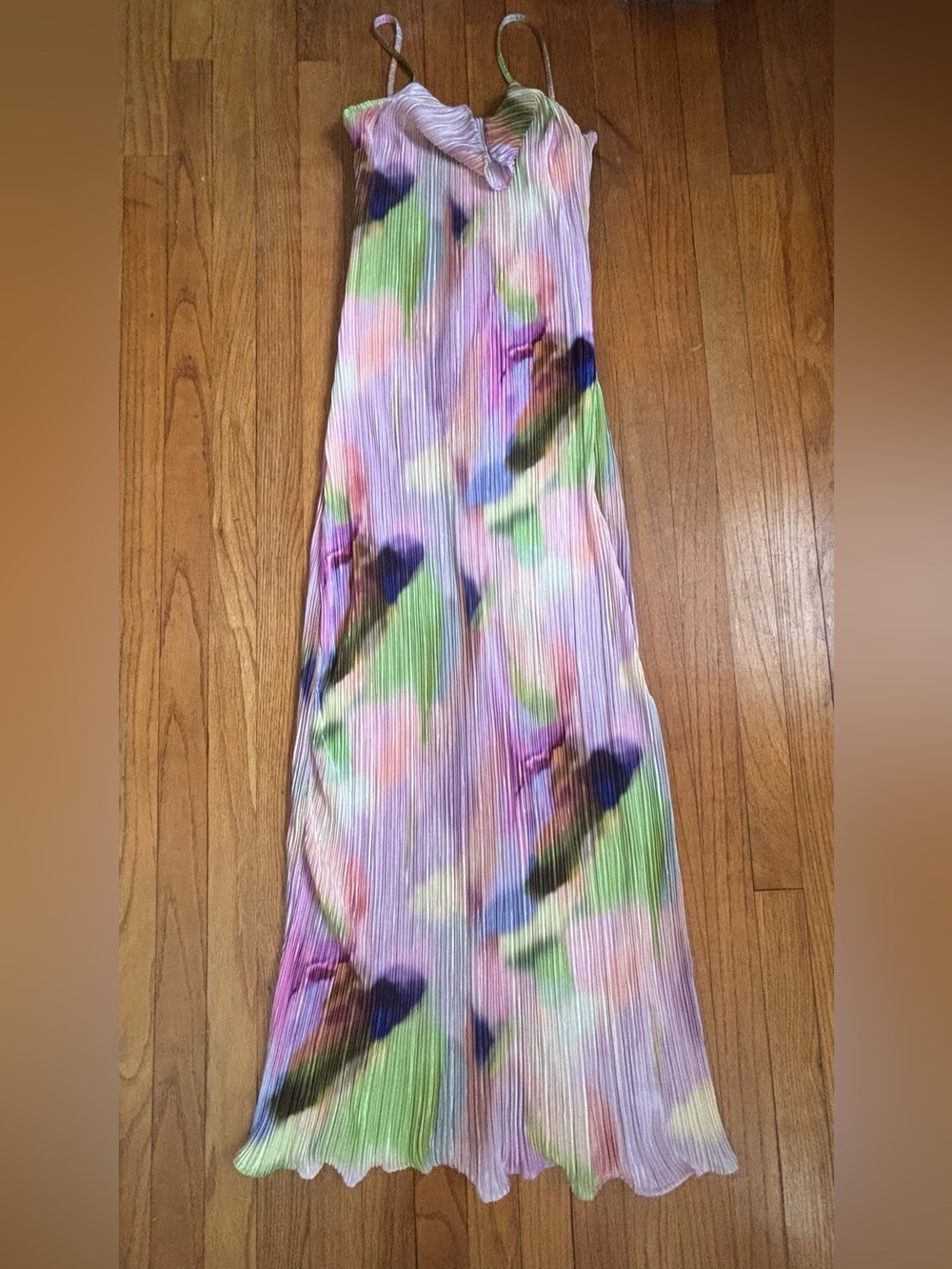 Jelly Bryn Pleated Pastel Cowl Neck Watercolor Maxi Dress